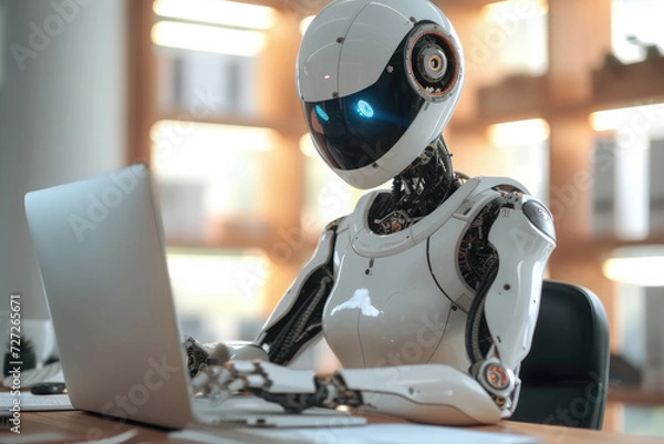 Fototapeta AI robot work together in the office,