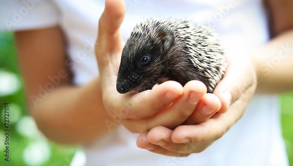 Obraz Cute little hedgehog in child hands..