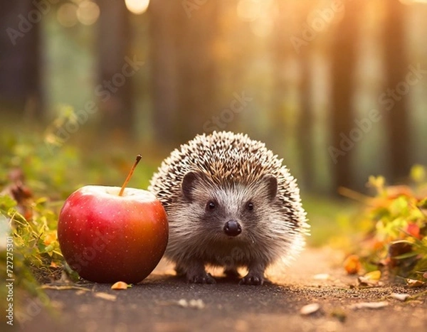 Fototapeta Cute hedgehog with a red apple in the the forest