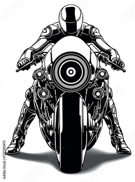 Fototapeta Drawing of a Biker from the Future - Black and White Illustration with a Fictional Motorcycle from a Frontal View Isolated on a White Background, Vector