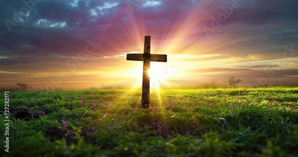 Fototapeta christian background with jesus cross and beautiful green field