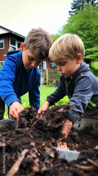 Fototapeta Children emptying kitchen waste in to a compost bin. Environmentally friendly lifestyle. compost out of composter, farmer lifestyle. Ecology protection and reduce pollution concept