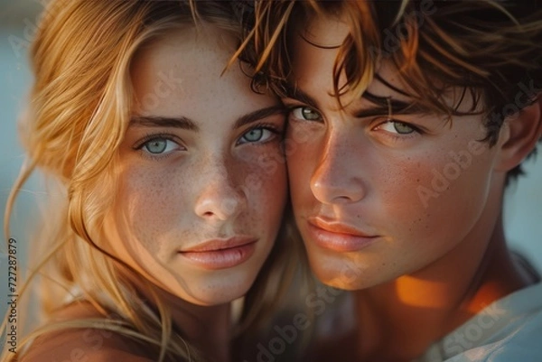 Fototapeta A sun-kissed surfer girl with piercing brown eyes and a captivating smile strikes a pose, capturing the essence of youth and adventure in a single portrait