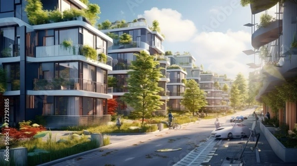 Fototapeta A Row of Houses With Solar Panels on the Roof