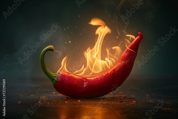 Obraz Red hot chili pepper engulfed in flames, perfect for hot sauce marketing or recipe website backgrounds