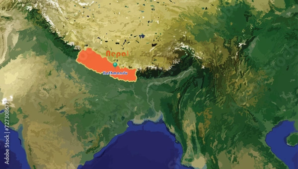Fototapeta Federal Democratic Republic of Nepal country map and Kathmandu, its capital city on the world background. This landlocked South Asian country is recognized for its Hindu culture and architectures. 