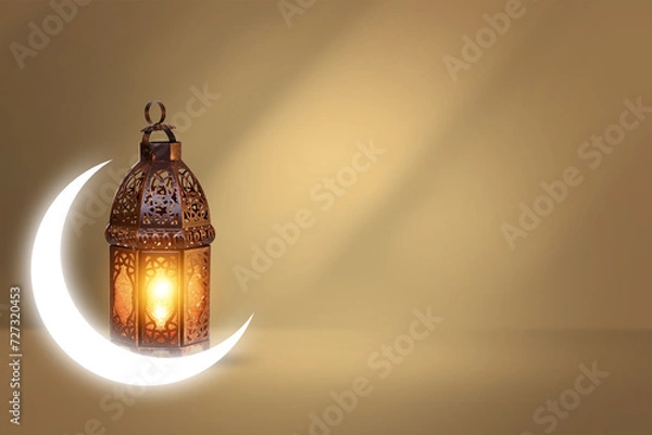 Obraz Ornamental Arabic lantern with burning candle glowing . Festive greeting card, invitation for Muslim holy month Ramadan Kareem. Ramadan Kareem greeting photo with serene mosque background.

