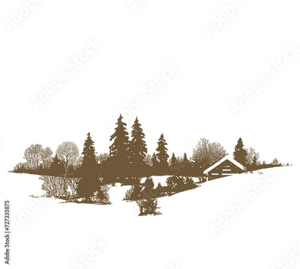 Obraz graphic drawing, composition: winter landscape with country cottages, trees and snow, illustration