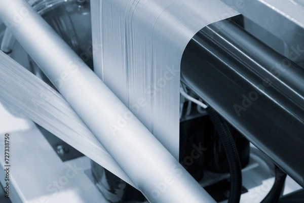 Fototapeta Automatic polyethylene plastic bag production machine with lighting effect. Close-up of the roller of the plastic bag production machine in the light blue scene. product packaging concept
