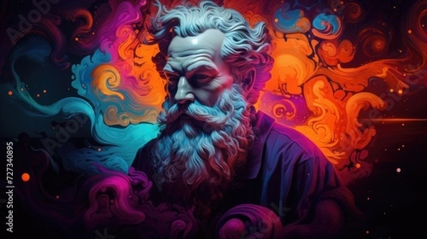 Fototapeta Contemporary art featuring neon-lit sculptures of Greek philosophical figures, bridging ancient wisdom and modern design.