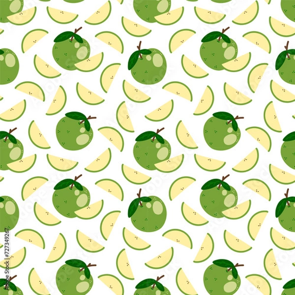 Obraz Green apple seamless pattern on a white background. Cute hand drawn illustration