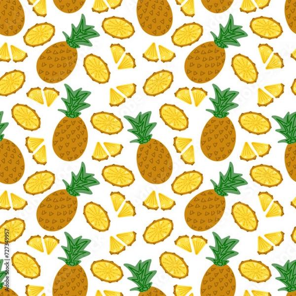 Obraz Pineapple seamless pattern on a white background. Cute hand drawn illustration