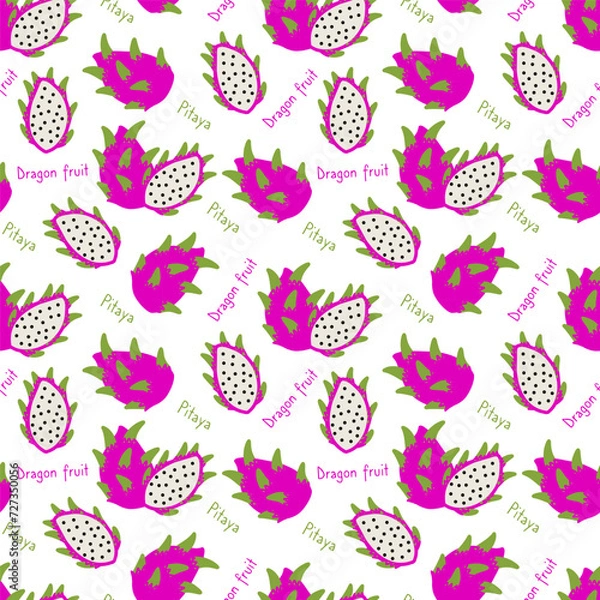 Obraz Pitaya seamless pattern on a white background. Cute hand drawn illustration