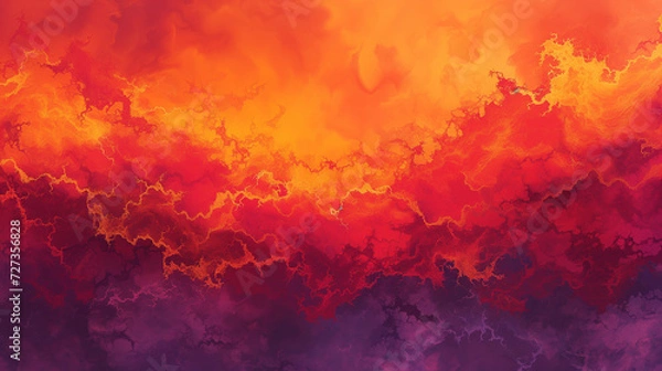 Fototapeta Abstract interpretation of a fiery sunset with vivid reds, oranges, and purples blending seamlessly wallpaper background