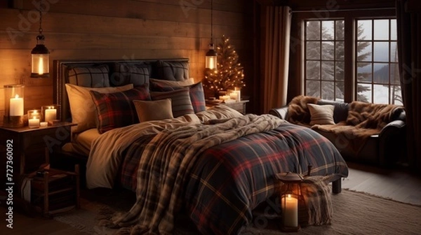 Fototapeta Incorporate plaid or buffalo check bedding, warm-toned lighting, and faux fur details for a cozy and comfortable cabin atmospherear