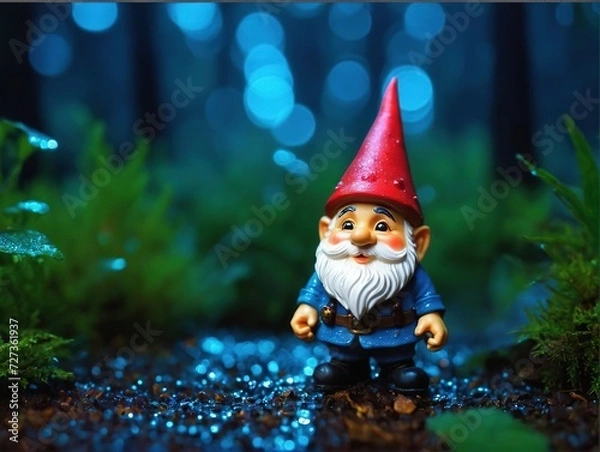 Obraz the figure of a garden gnome in the garden at night in the rain