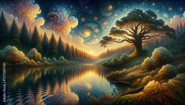 Obraz Twilight Wilderness: Serene deepdream landscape with reflective lake and ancient trees.