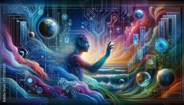 Obraz Abstract figure seamlessly merges technology and nature in web development concept.