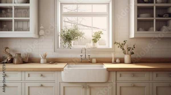 Fototapeta Opt for a farmhouse sink, butcher block countertops, and shaker-style cabinets for a cozy and nostalgic feelar