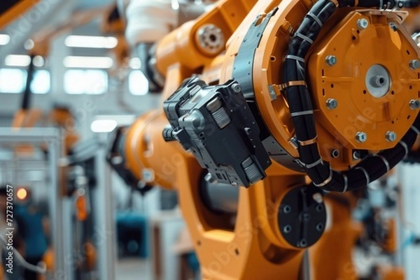 Obraz A detailed view of a machine in action at a manufacturing facility, A close-up view of an AI-powered construction robot at work, AI Generated