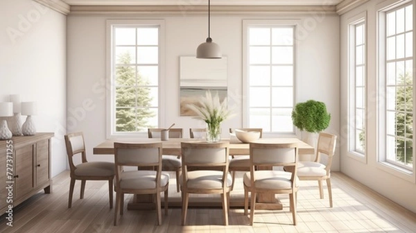 Fototapeta Opt for neutral tones in the dining room, with white or cream walls, to create a bright and inviting farmhouse atmospherear