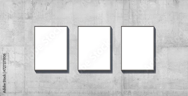 Obraz a set of three outdoor vertical wall facade banners, billboard or signs hanging on the concrete wall of a building. Place for advertising. 3d render