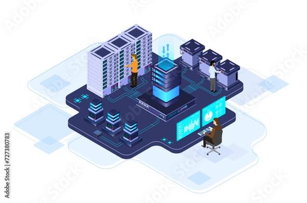 Obraz Data center or server room processing data operation with security protection and maintenance with isometric design style - vector	
