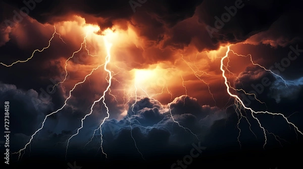 Fototapeta Roaring thunderstorm, shocking lightning shines in the dark sky