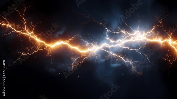 Fototapeta Roaring thunderstorm, shocking lightning shines in the dark sky