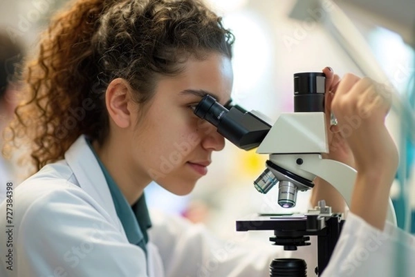 Fototapeta A woman wearing a lab coat is focused on examining a microscope slide through a laboratory microscope, A medical student looking through a microscope, AI Generated
