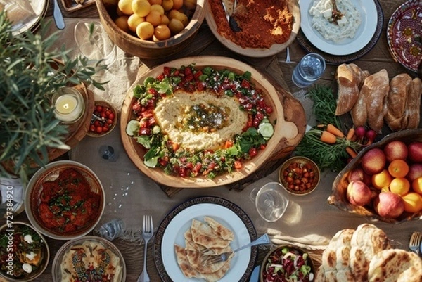 Fototapeta A table filled with an assortment of different types of food, showcasing a wide variety of flavors and textures, A Middle-Eastern feast in warm, earthy tones, AI Generated