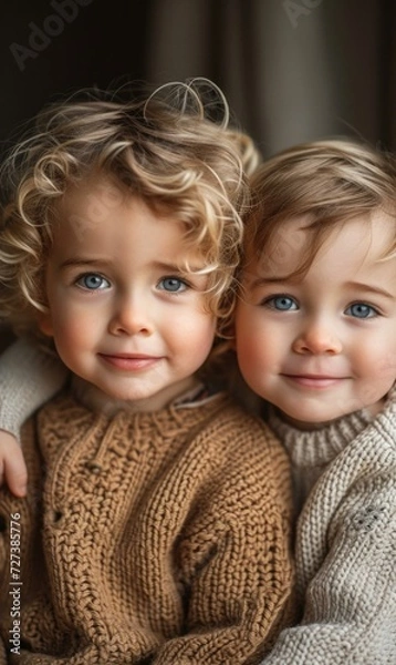 Fototapeta Two little children in sweaters posing for the camera. Generative AI.