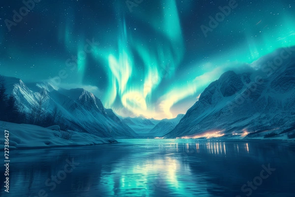 Fototapeta A breathtaking celestial display of the Northern Lights dancing across the Arctic sky, representing the awe-inspiring wonders of the polar regions. Concept of aurora borealis magic. Generative Ai.