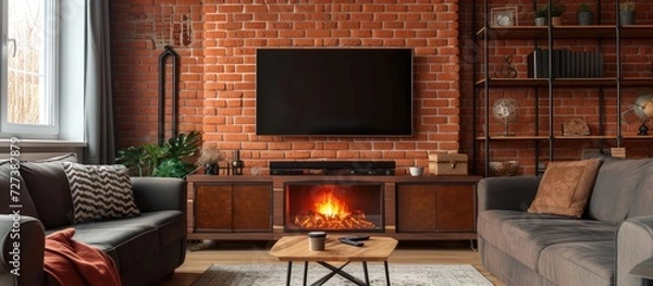 Fototapeta Beautifully designed and stylishly decorated living room with a large white sofa, fireplace, quality carpets, and elegant home interior.