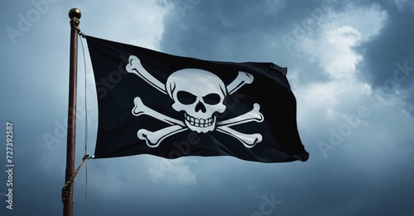 Fototapeta Pirate flag with skull and bones waving in the wind, background, dark mysterious hacker and robber concept