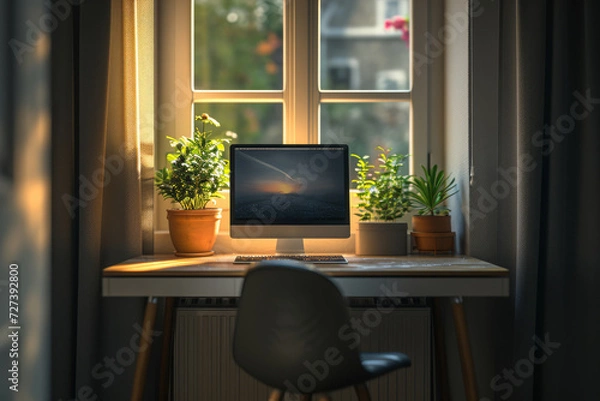 Fototapeta A small desk in a quiet nook of the house, providing a compact and peaceful work area. Concept of making the most of limited space in home office design. Generative Ai.