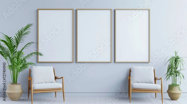 Fototapeta Empty blank wall mounted picture frame. Modern interior design. 3D render
