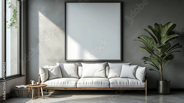 Fototapeta Empty blank wall mounted picture frame. Modern interior design. 3D render