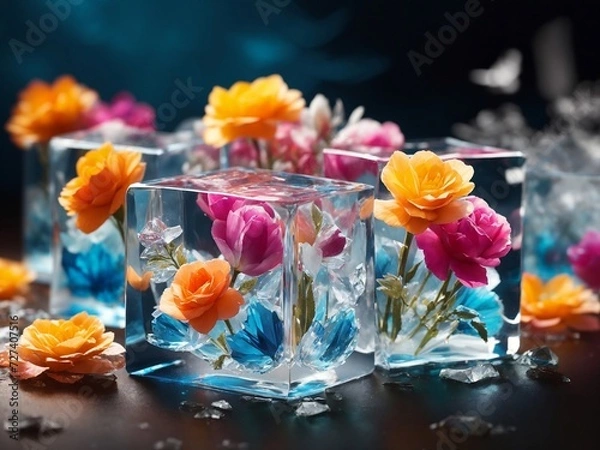 Obraz Eternal Blossom: AI-Enhanced Colorful Flowers Suspended in Crystal-Clear Ice Cubes - A Captivating Symphony of Nature and Frost