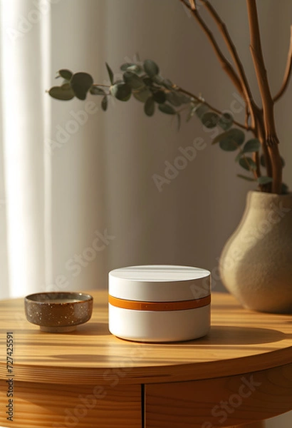 Fototapeta a small container mockup on a table, in the style of light white and light orange