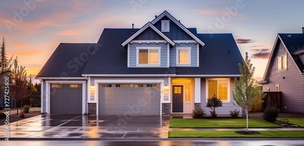 Fototapeta Electric blue house in a suburban sector, with quaint windows, on an expansive property, during early evening twilight.