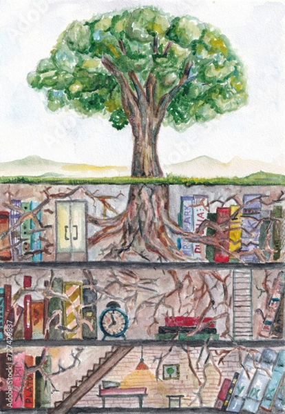 Fototapeta Watercolor sketch with fantastic tree and fairytale underworld. Underground bookshelf between the roots. A metaphorical card for associative work with a psychologist.