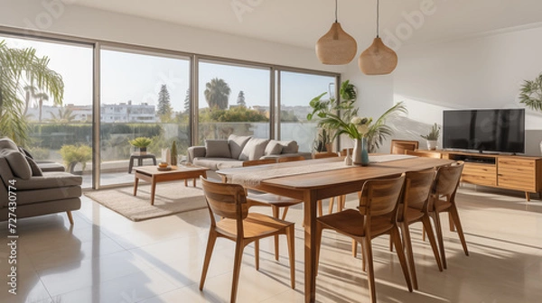Fototapeta Set of dark wooden furniture in the beige color dining room. Concept of design and stylish light interior