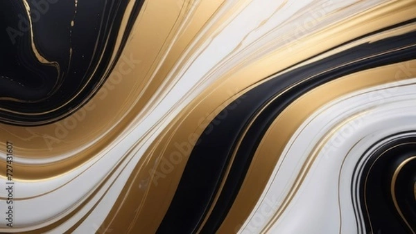 Fototapeta abstract wavy background. Minimalistic abstract painting in black and white with golden oil paints, flowing waves intertwining with each other, smooth glossy background, dreamy wallpaper background
