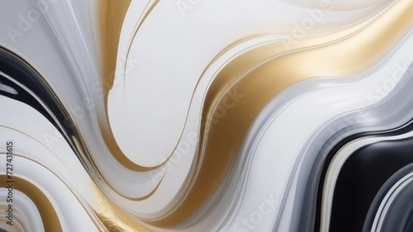 Fototapeta abstract background with waves. Minimalistic abstract painting in black and white with golden oil paints, flowing waves intertwining with each other, smooth glossy, dreamy wallpaper background