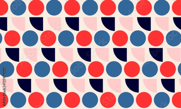 Fototapeta Seamless modern vector abstract seamless geometric pattern with semicircle and circles in retro Scandinavian style blue red pink colors