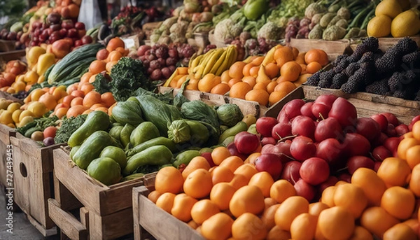 Fototapeta Fruits and vegetables. Street vendor stall. Plenty of ripe, low-calorie foods. Selective focus. AI generated