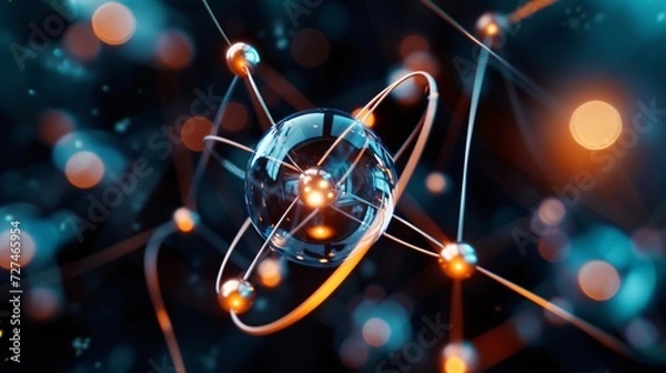 Fototapeta Detailed depiction of an atom with electrons orbiting the nucleus, showcasing a central clear sphere with glowing orbitals against a dark, bokeh lit backdrop