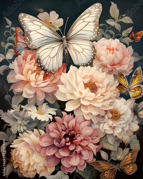 Obraz Colorful Butterflies and Roses Illustration