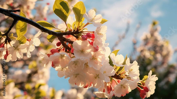 Obraz Beautiful spring time cherry blossom close up with blurred background, blue sky in the back